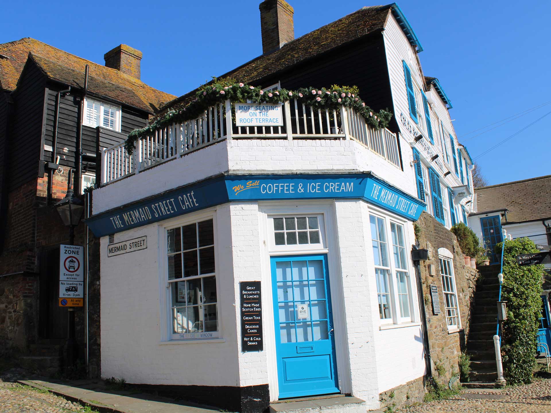 Mermaid Street Cafe in Rye in the blue skies