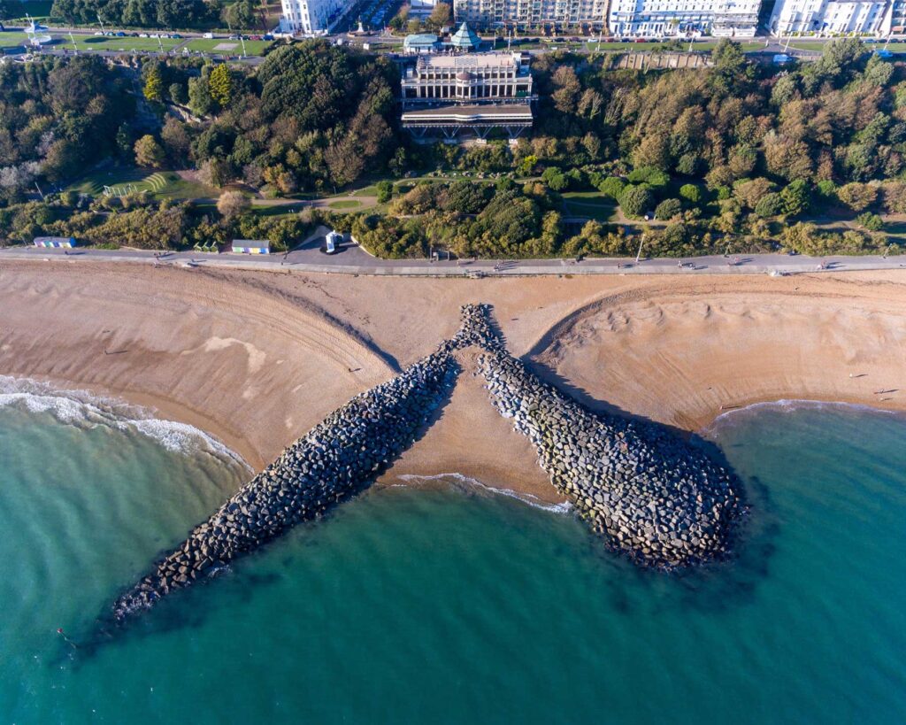 An aerial view of the sands of Folkestone Beach