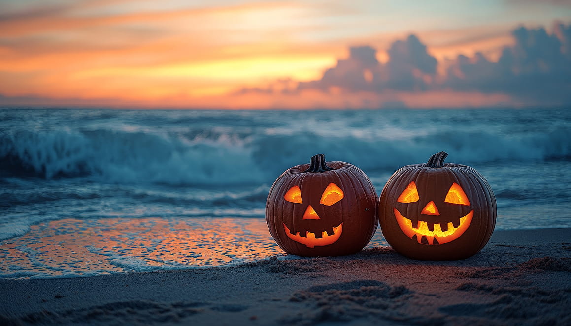 Camber Sands october halloween-pumpkins on beach
