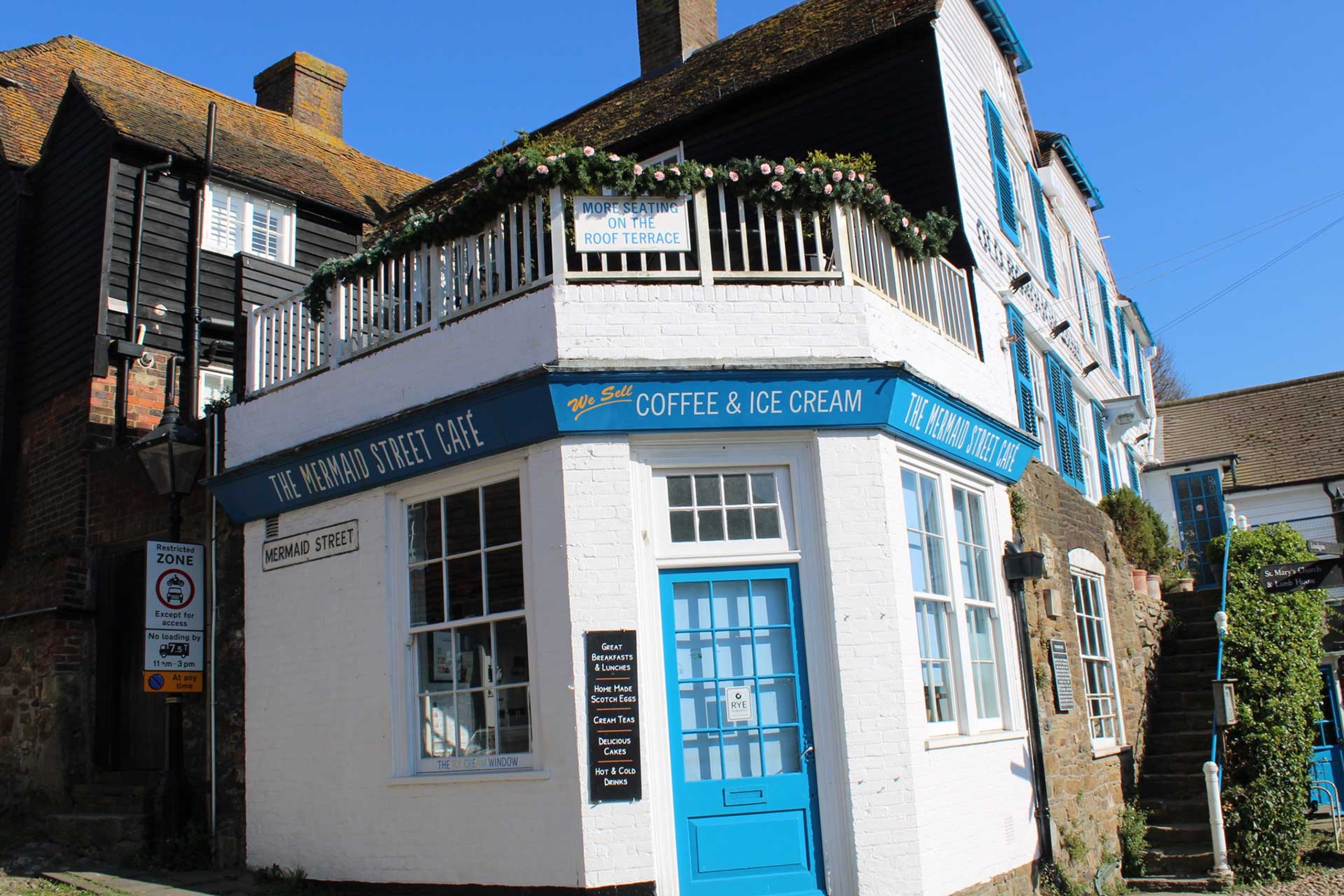 Mermaid Street Cafe in Rye in the blue skies