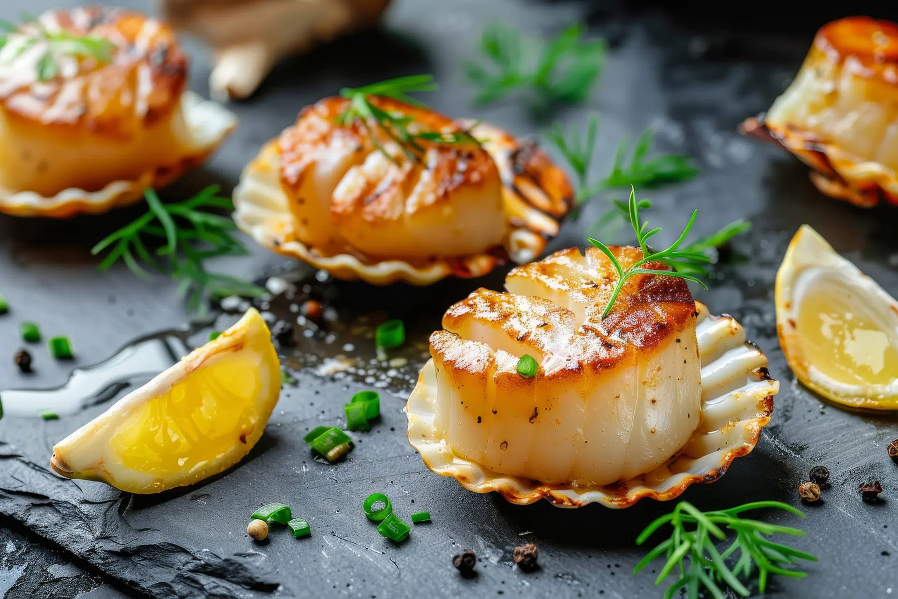 Seared Rye Bay scallops during Rye Bay Scallop Week in Rye, East Sussex
